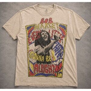 Bob Marley Graphic T Shirt Tagged Small Fits Boxy 23x26.5 Beige Zion Rootswear